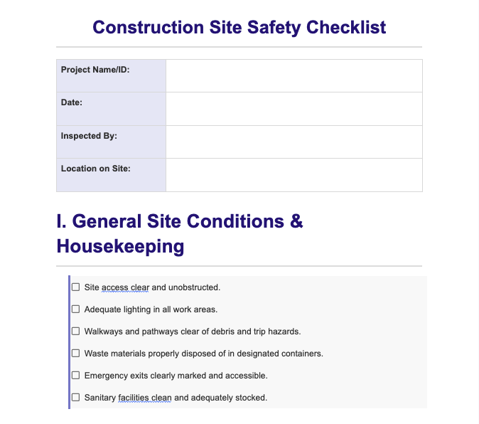 Free Construction Safety Checklist Template | OSHA Jobsite Safety Inspection Checklist