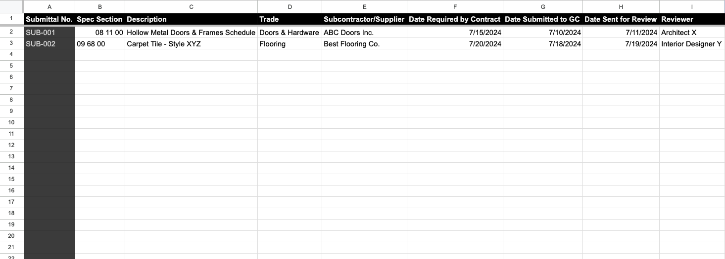 Free Construction Submittal Log Template | Project Submittal Tracking Spreadsheet